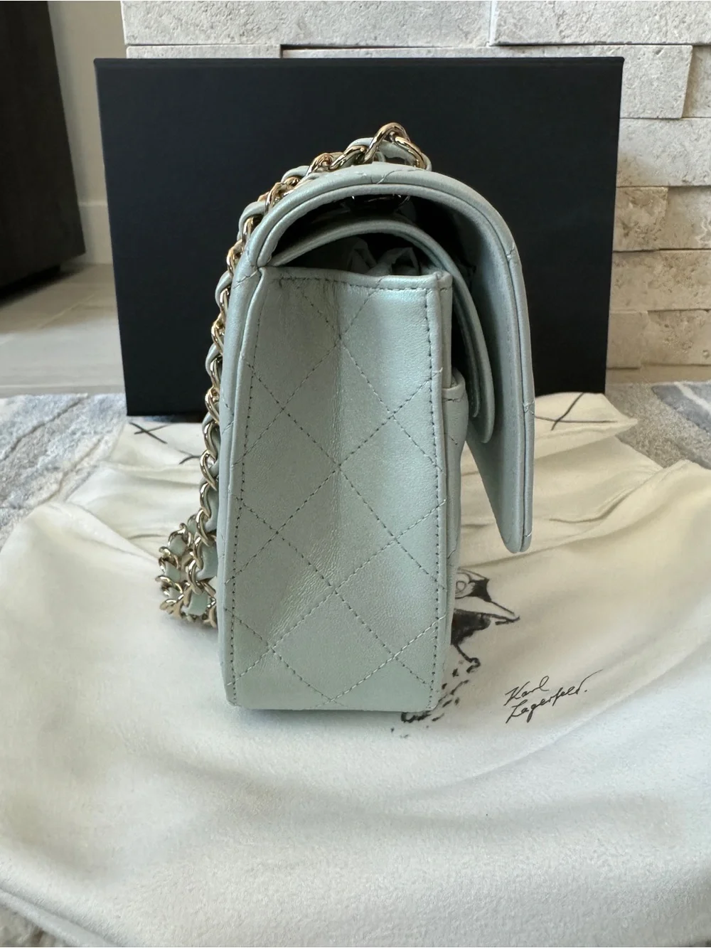 Chanel Iridescent Blue Medium Classic Flap Bag Quilted Lambskin Gold Hardware